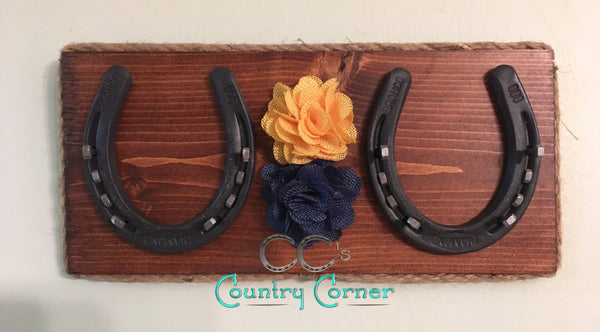 Horseshoe Jewelry Holder | Honey Stained with Navy and Yellow Burlap Flowers