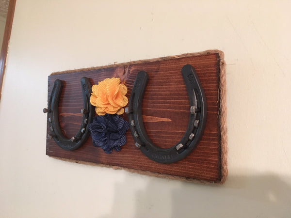 Horseshoe Jewelry Holder | Honey Stained with Navy and Yellow Burlap Flowers