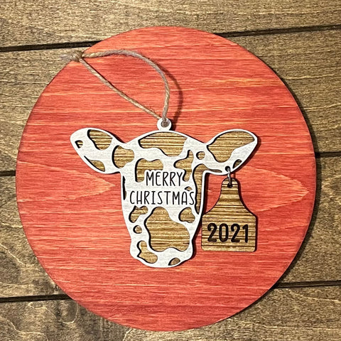 Christmas Cow Tag Ornament - Personalized